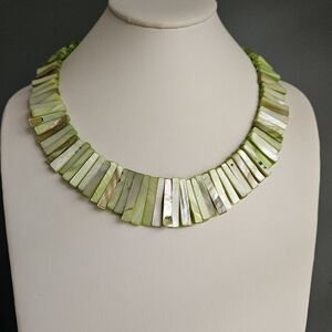 Green Mother of Pearl Bib Necklace Bold Modern Rectangular Beaded MOP  Graduated
